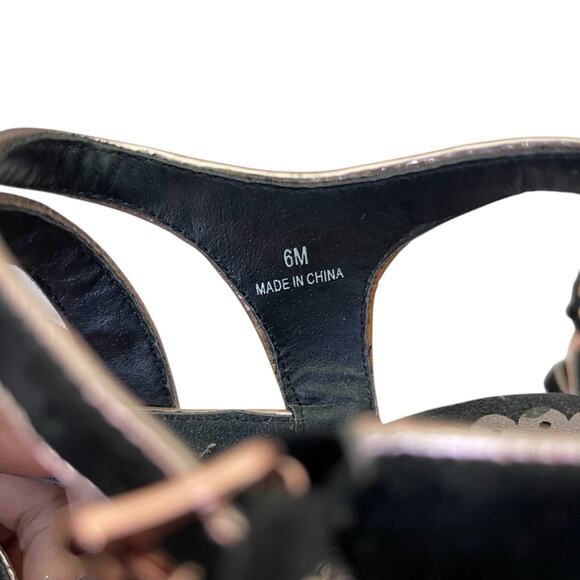 Lulu Townsend High Heeled Faux Suede Strappy Platform Sandals Black Gold 6 M - Picture 6 of 8